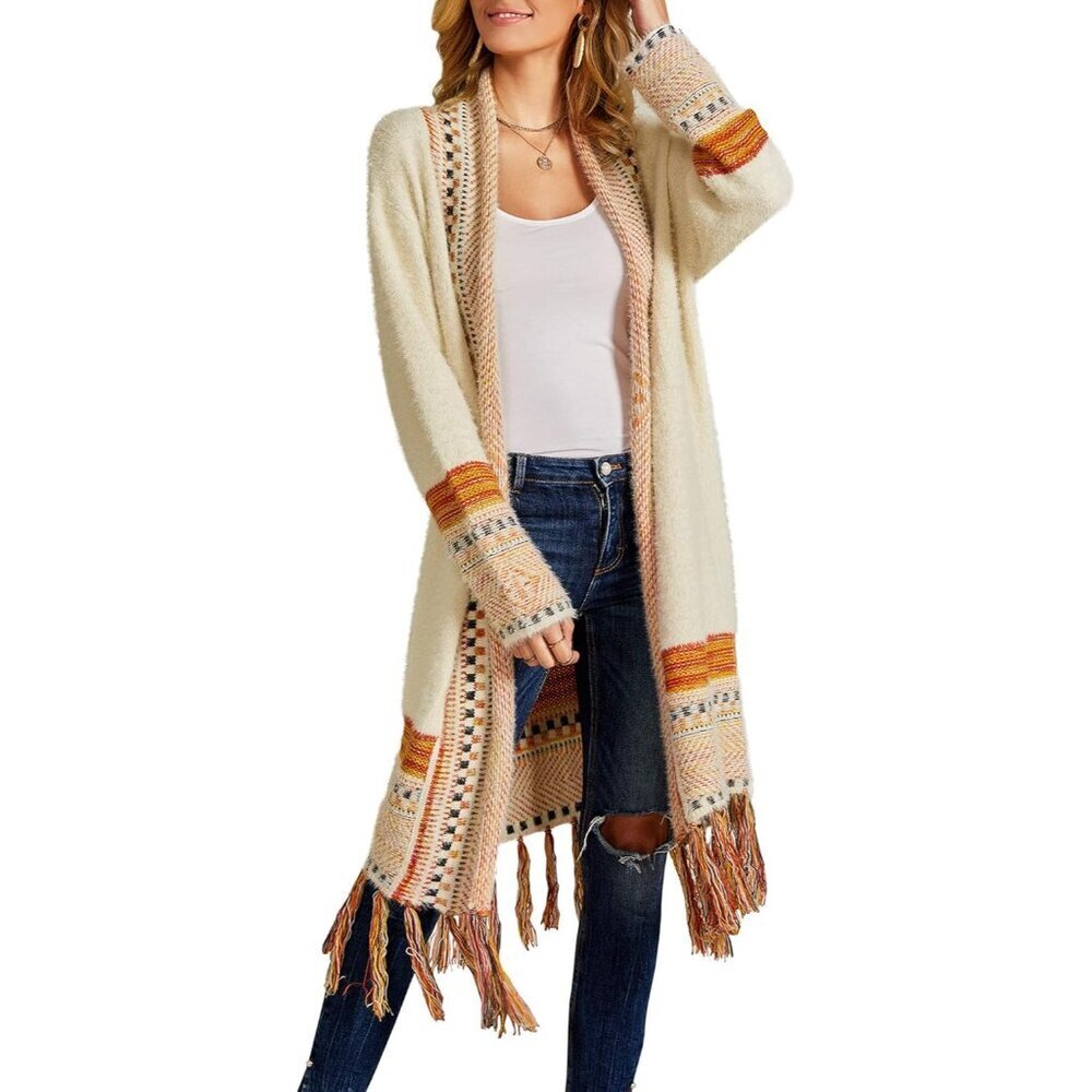 Womens Boho Open Front Long Cardigan Sweater X-Large Embroidered Tassels